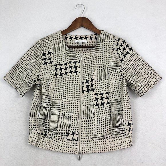 CAbi Women's Size Small #931 Coupe Black White Print Short Sleeve Bomber Jacket - Picture 1 of 12